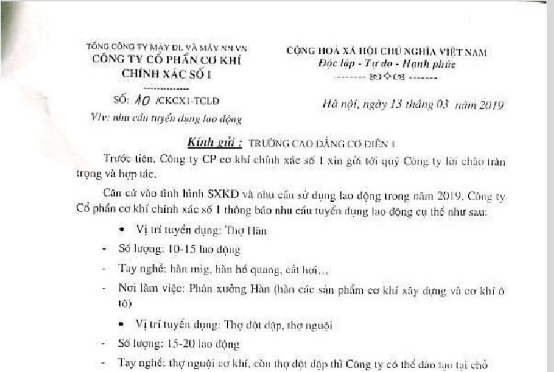 Tin tuyển dụng Công ty CP Cơ khí chính xác số 1