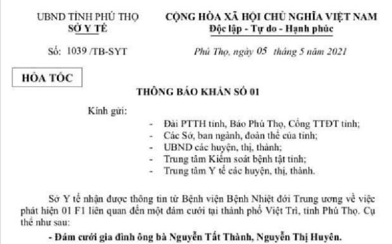 Thông báo khẩn số 1 của Sở Y tế tỉnh Phú Thọ