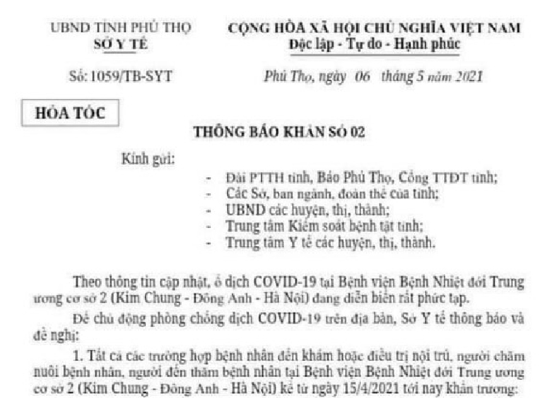 Thông báo khẩn số 2 của Sở Y tế tỉnh Phú Thọ