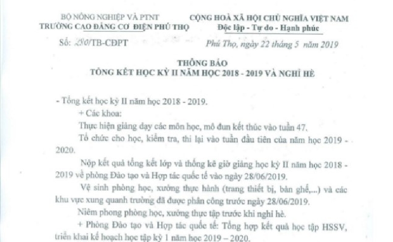 Thông báo lịch tổng kết học kỳ II và nghỉ hè