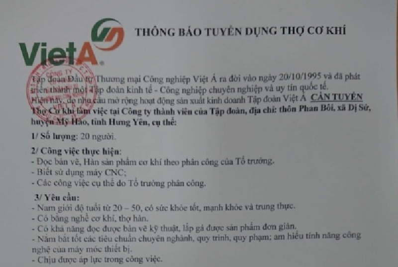 Thông tin tuyển dụng Tập đoàn đầu tư TM Công nghiệp Việt Á