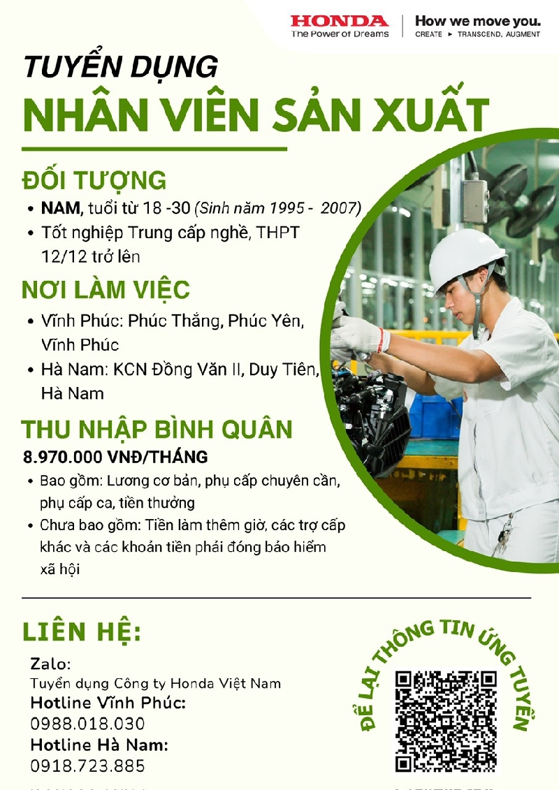 Công ty Honda Việt Nam tuyển dụng Nhân viên sản xuất