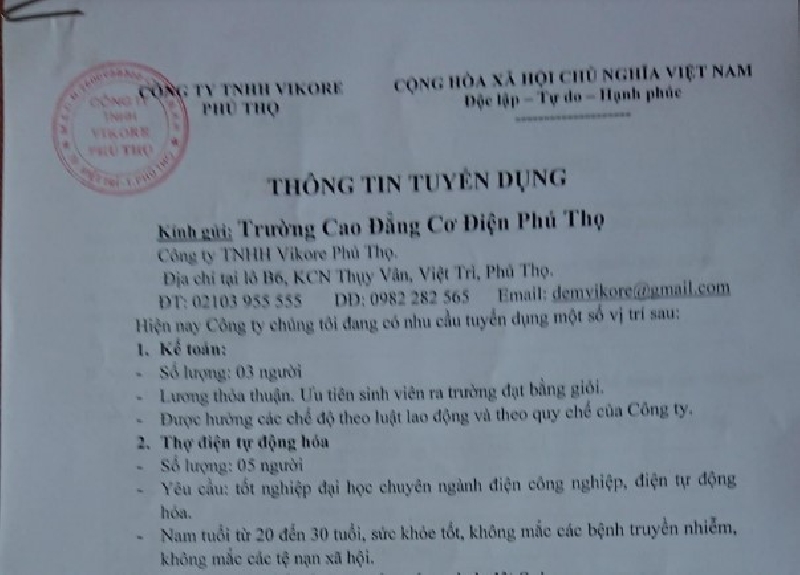 Thông tin tuyển dụng Công ty TNHH VIKORE